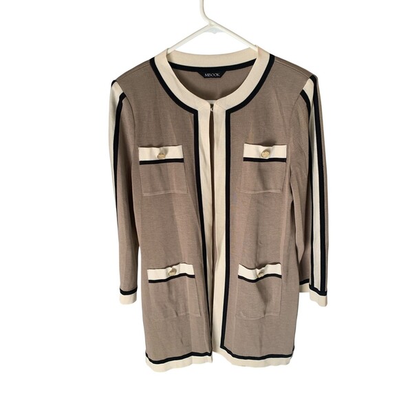 Misook Cardigan Sweater Womens Large Knit Open Front Pockets Gold Trim Lightweig - Picture 1 of 5